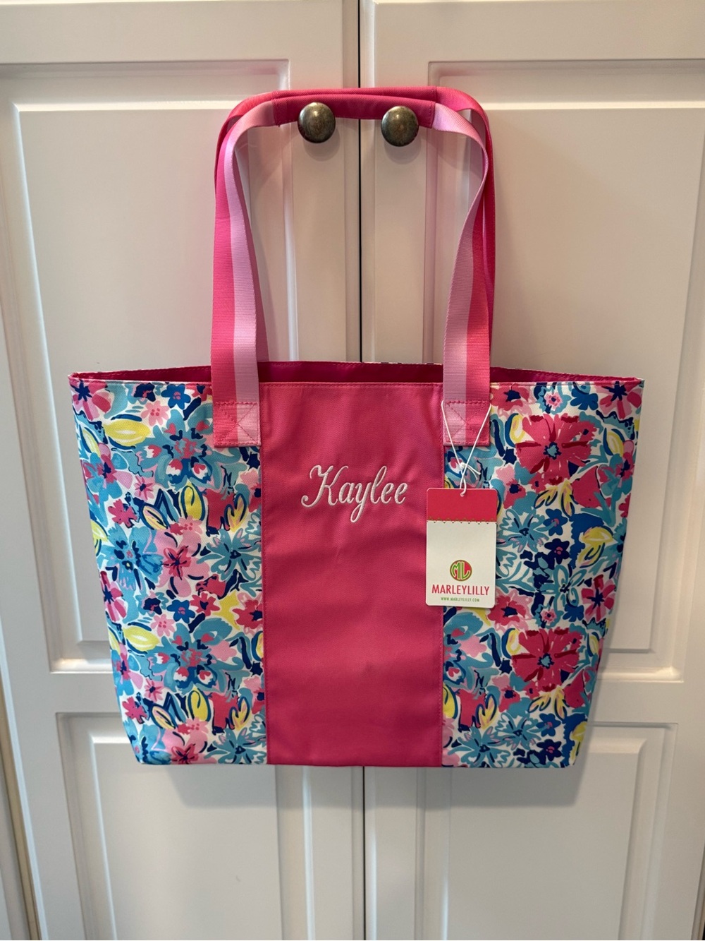 NWT Marleylilly Monogrammed Tote Bag Watercolor Whimsy Pink Floral “Kaylee”